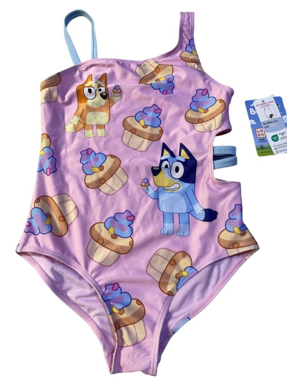 Bluey Girls 10/12 One-Piece cutout Swimsuit With Cupcake Print & UPF 50+